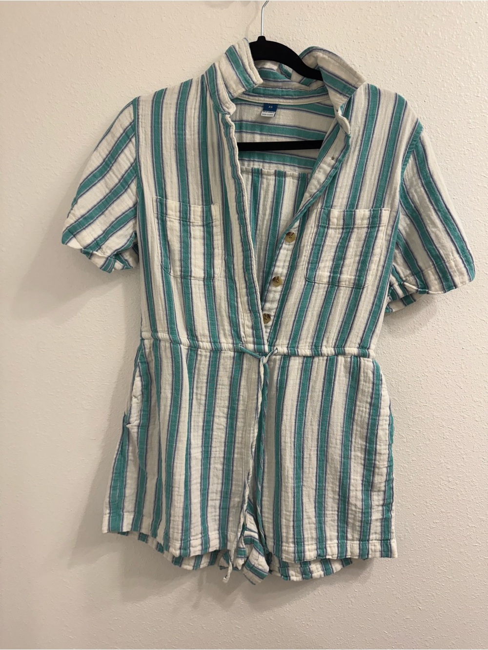 Old Navy Cream and Teal Striped Short Sleeve Romper